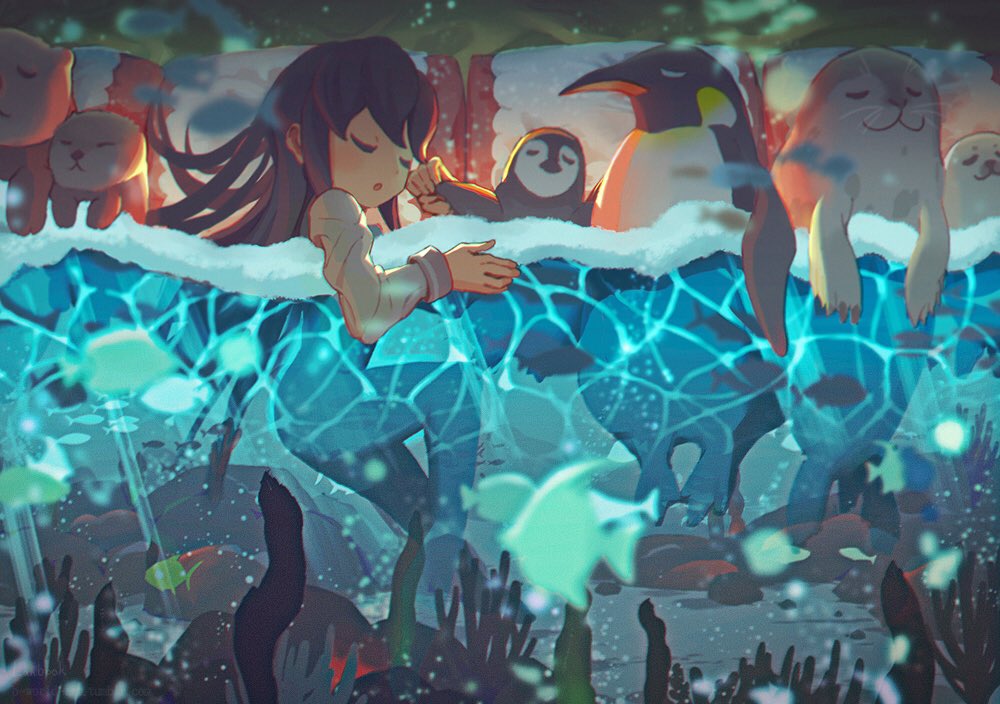 1girl, animal, animal_request, bird, black_hair, blanket, blurry, blush, bubble, closed_eyes, closed_fan, fan, fish, folding_fan, holding_hands, lanbook, light_blush, light_rays, long_hair, open_mouth, original, penguin, pillow, seal, seaweed, sleeping, water, waves