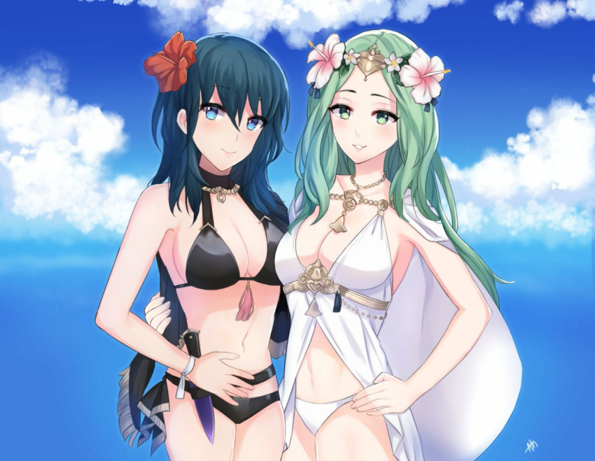 2girls, bikini, black_bikini, blade, blue_hair, byleth_(fire_emblem), byleth_eisner_(female), cape