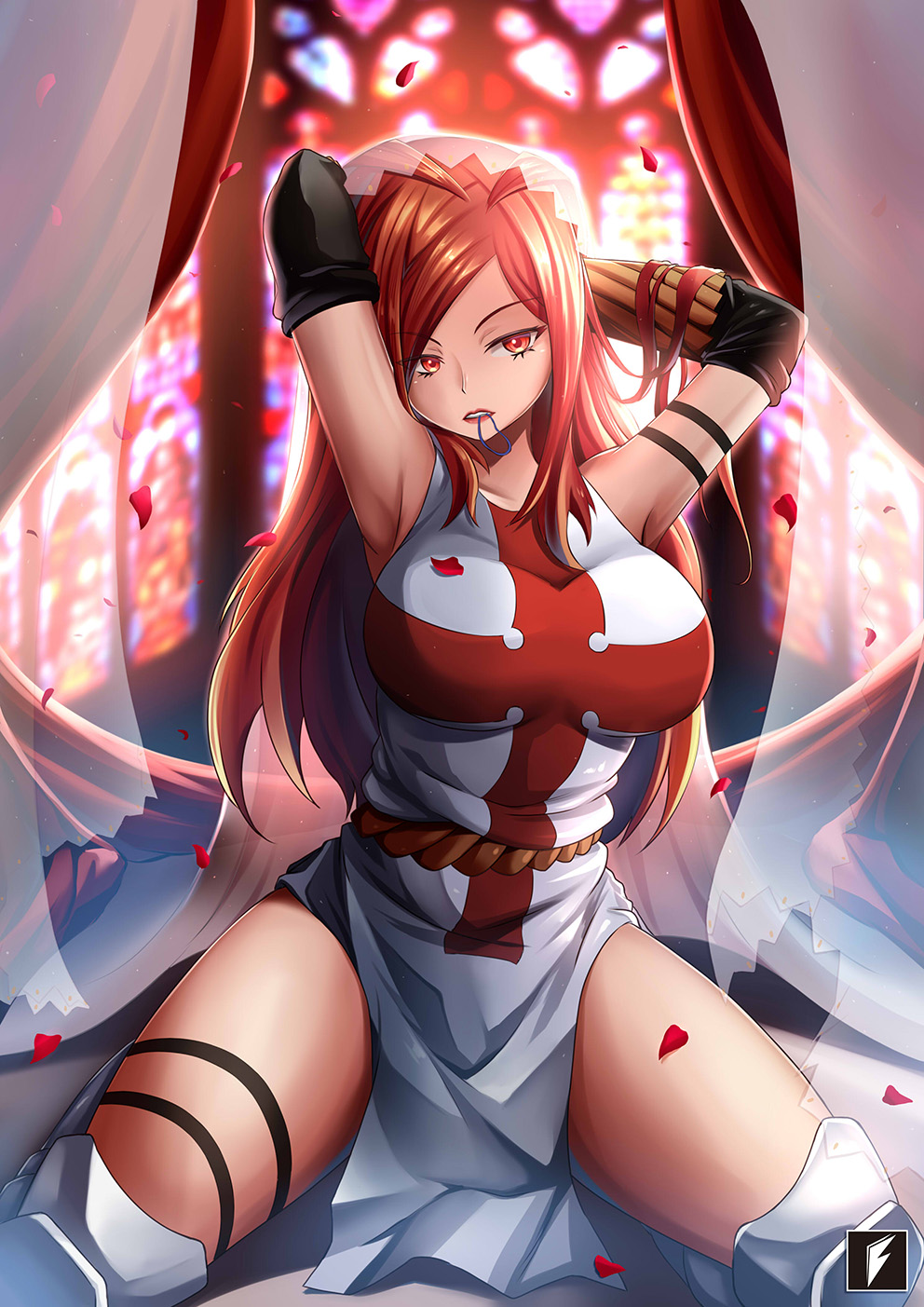 1girl, arm_strap, arms_behind_head, black_gloves, commentary_request, cross, curtains, dress, elbow_gloves, en'en_no_shouboutai, eyebrows_visible_through_hair, gloves, highres, kneeling, lisa_isaribi, long_hair, mouth_hold, petals, red_eyes, redhead, rose_petals, side_slit, sleeveless, sleeveless_dress, solo, stained_glass, teng_zhai_zi, thigh-highs, thigh_strap, thighs, veil, white_dress, white_legwear