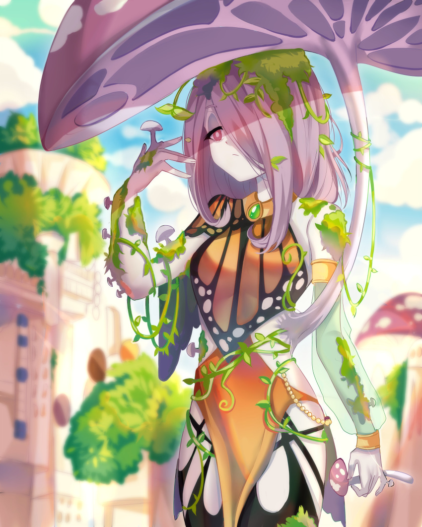 1girl, absurdres, blurry, blurry_background, bracelet, city, closed_mouth, english_commentary