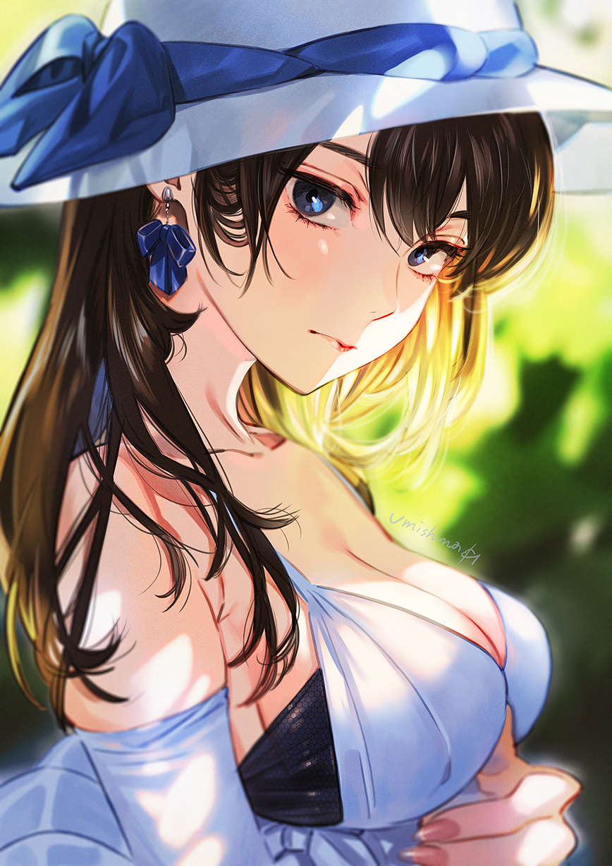 1girl, blue_earrings, blue_eyes, breasts, brown_hair, hat, hat_ribbon, highres