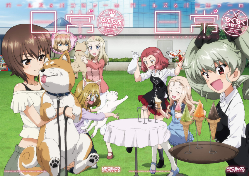 6+girls, :d, anchovy_(girls_und_panzer), animal, animal_ears, apron, bangs, black_apron