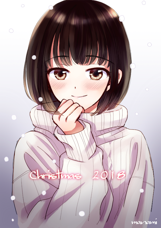 1girl, 2018, bangs, black_hair, blush, brown_eyes, christmas, commentary_request