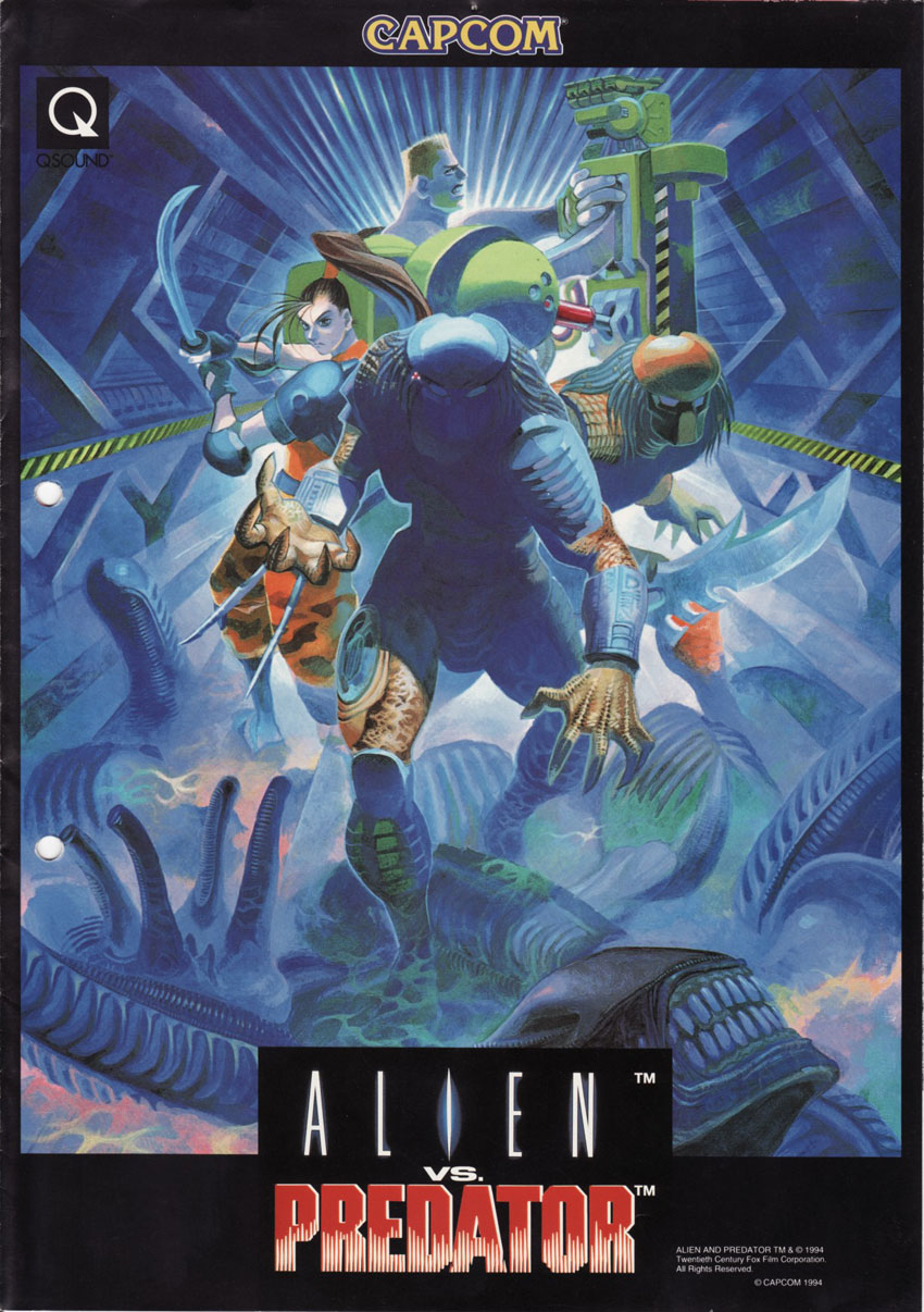 1990s_(style), 1girl, alien, aliens, aliens_vs_predator, arcade_cabinet, blade, blonde_hair