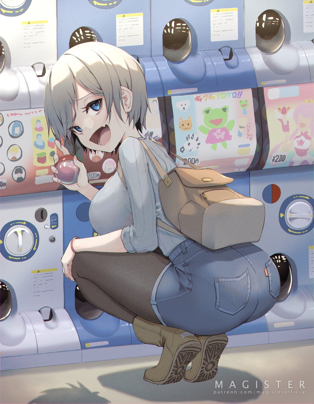 1girl, artist_name, ass, backpack, bag, bangs, black_hair, black_legwear