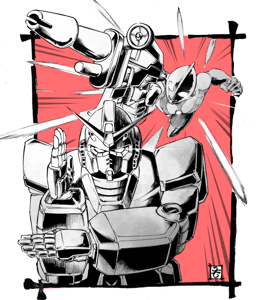 1boy, absurdres, alien, beam_rifle, clenched_hand, crossover, energy_gun, flying