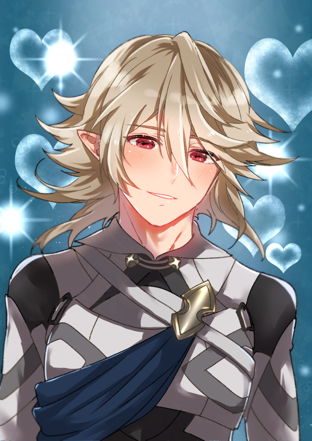 1boy, armor, asymmetrical_hair, bangs, blush, cape, corrin_(fire_emblem), corrin_(fire_emblem)_(male), dragon_boy, elf, fire_emblem, fire_emblem_14, fire_emblem_fates, fire_emblem_if, heart, intelligent_systems, kamui_(fire_emblem), kamui_(fire_emblem)_(boy), looking_at_viewer, male_focus, male_my_unit_(fire_emblem_if), manakete, my_unit_(fire_emblem_if), nekolook, nintendo, platinum_blonde_hair, pointy_ears, red_eyes, smile, solo, super_smash_bros., weapon