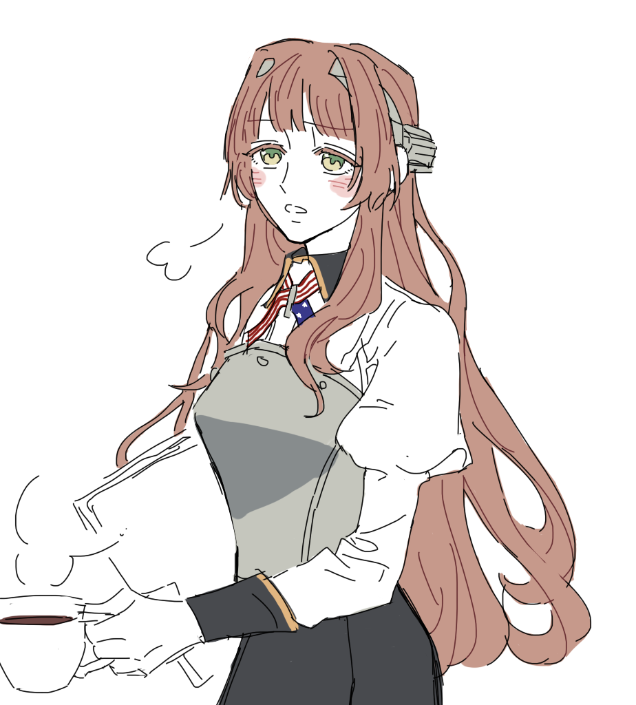 1girl, =3, american_flag_neckwear, birdry, black_skirt, blush, brown_hair, coffee, cup, green_eyes, headgear, helena_(kantai_collection), holding, holding_cup, kantai_collection, long_hair, long_sleeves, paper, papers, simple_background, sketch, skirt, solo, steam, white_background
