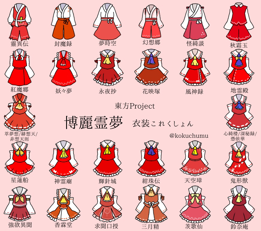 ascot, blue_neckwear, detached_sleeves, frilled_skirt, frills, hakurei_reimu, japanese_clothes, kurohiruyume, long_sleeves, no_humans, pink_background, red_skirt, ribbon-trimmed_sleeves, ribbon_trim, simple_background, skirt, skirt_set, touhou, translation_request, twitter_username, yellow_neckwear