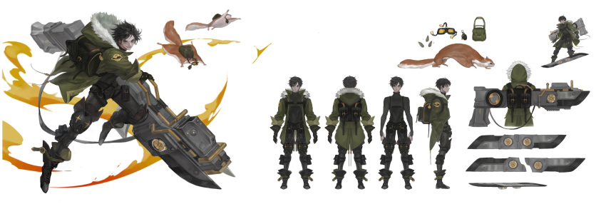 1boy, absurdres, animal, backpack, bag, black_gloves, black_hair, blade, brown_backpack, brown_eyes, character_sheet, earrings, explosive, flying, flying_squirrel, fur-trimmed_hood, fur_trim, gloves, goggles, goyoyoo, green_backpack, green_jacket, grenade, gun, highres, holding, holding_gun, holding_weapon, hood, hood_down, huge_weapon, jacket, jewelry, knee_pads, original, parted_lips, simple_background, single_earring, smile, squirrel, turtleneck, weapon, white_background, zipper, zipper_pull_tab