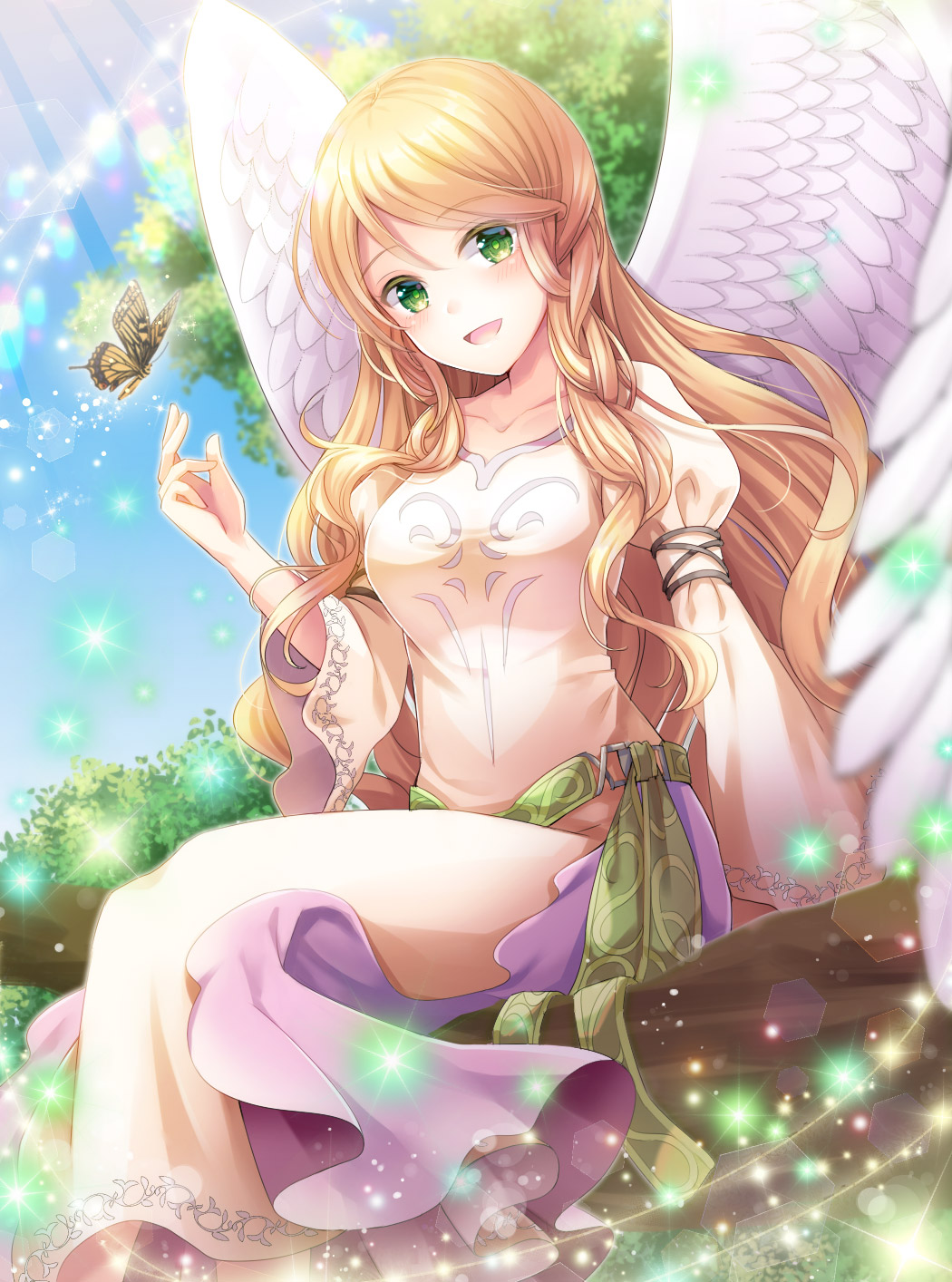 1girl, blonde_hair, blue_sky, bug, butterfly, day, dress, feathered_wings