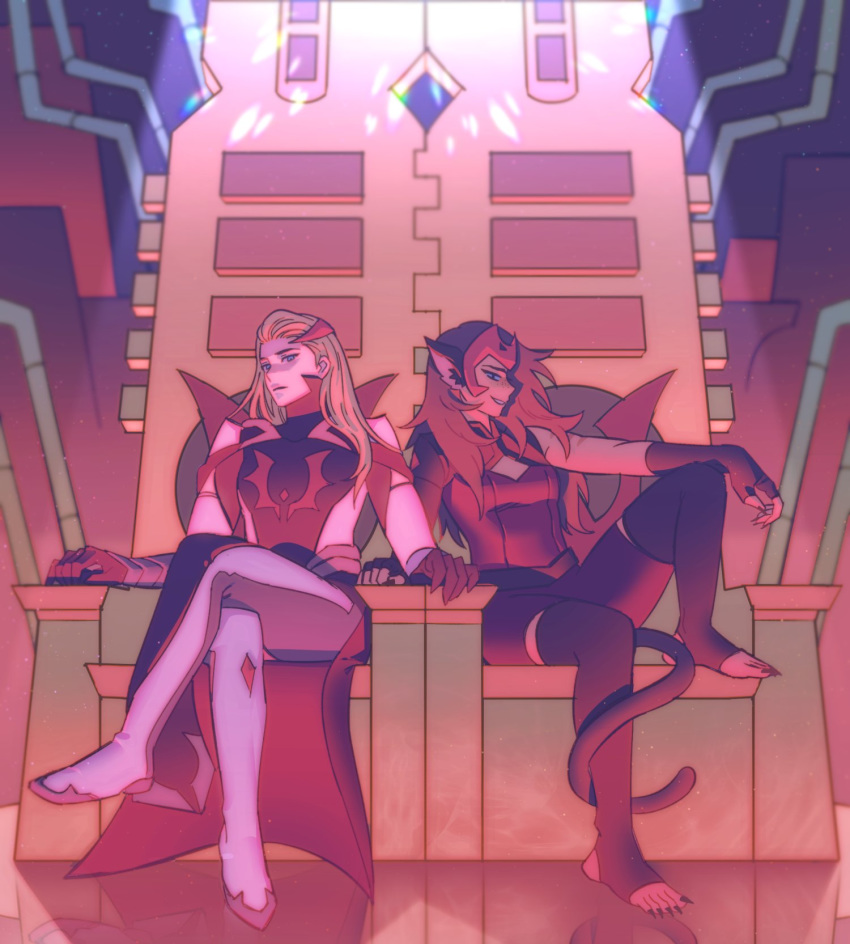 2girls, adora_(she-ra), animal_ears, bad_end, blonde_hair, brown_hair, cape, cat_ears, cat_girl, cat_tail, catra, crossed_legs, full_body, highres, long_hair, mondaykilly, multiple_girls, she-ra_and_the_princesses_of_power, sitting, tail, throne