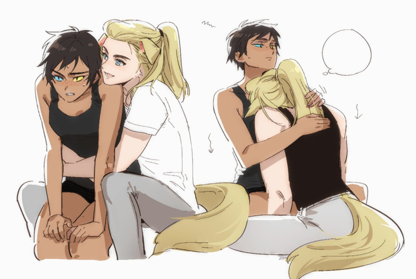 2girls, adora_(she-ra), alternate_universe, animal_ears, black_tank_top, blonde_hair, blue_eyes, brown_hair