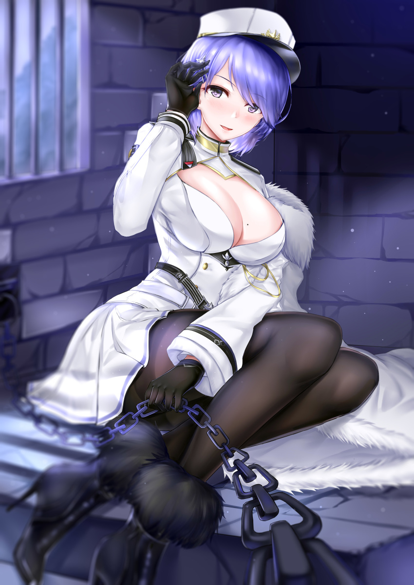 1girl, absurdres, arm_up, azur_lane, black_gloves, blue_eyes, blue_hair, blush