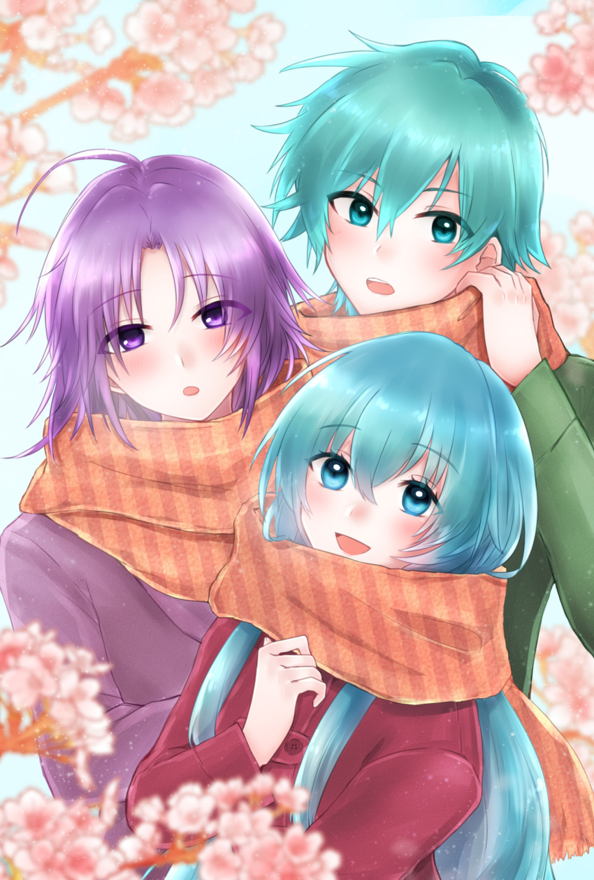 1girl, 2boys, 504723f, :d, ahoge, bangs, blue_eyes, blue_hair