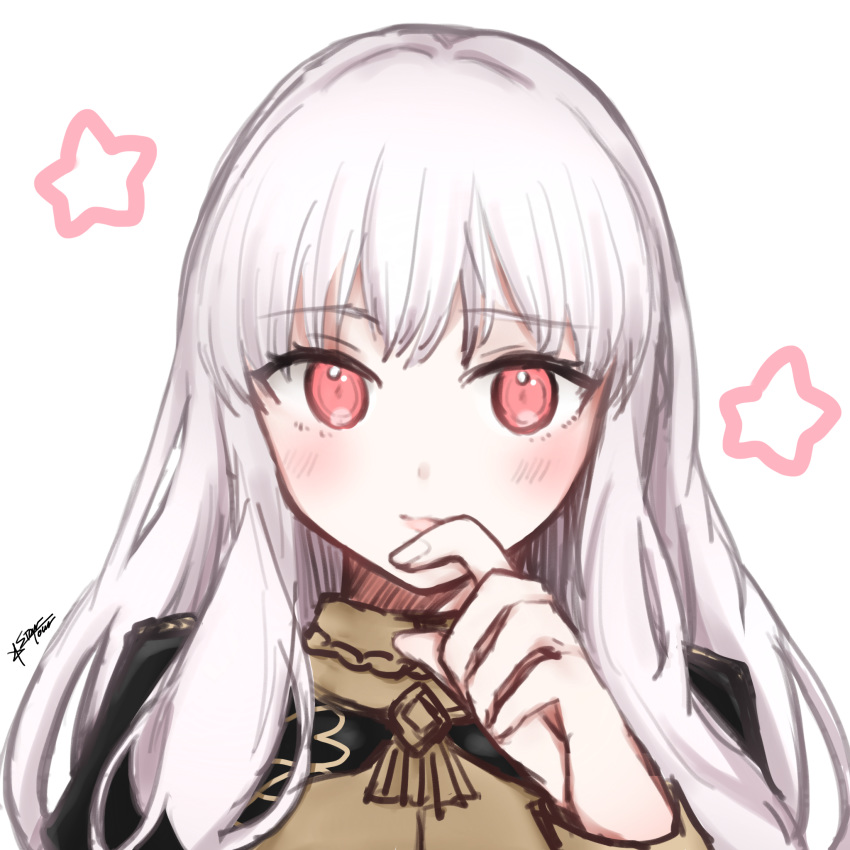 1girl, 504723f, bangs, closed_mouth, eyebrows_visible_through_hair, fire_emblem, fire_emblem:_three_houses, highres, long_hair, looking_at_viewer, lysithea_von_ordelia, portrait, red_eyes, silver_hair, simple_background, sketch, solo, twitter_username, white_background