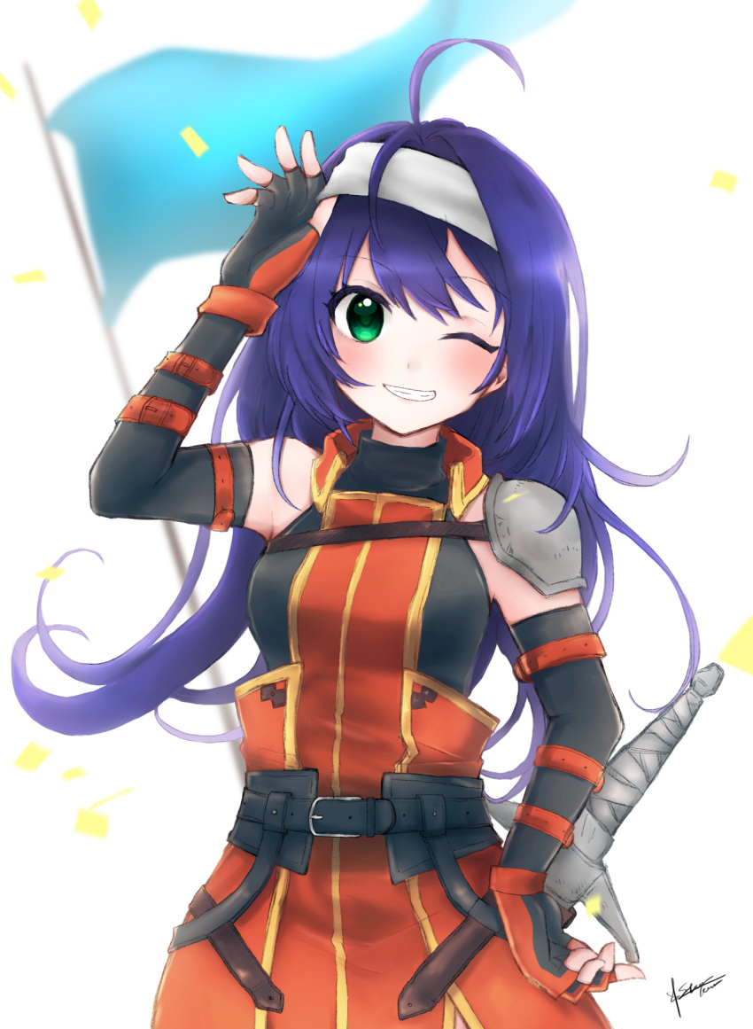 1girl, 504723f, ;d, ahoge, bangs, black_gloves, blurry, blurry_background