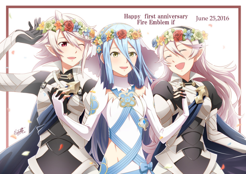 1boy, 2016, 2girls, :d, ;d, armor, azura_(fire_emblem), bangs