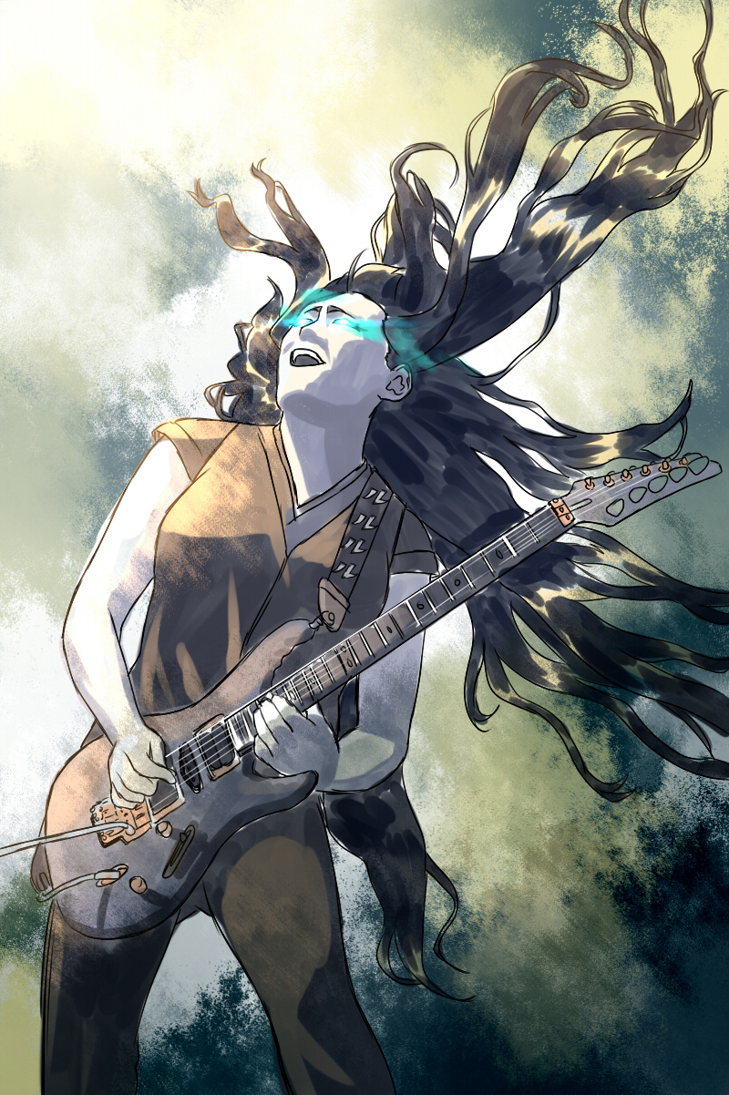 1boy, black_hair, blew_andwhite, commentary_request, cosplay, dragonforce, glowing, glowing_eyes