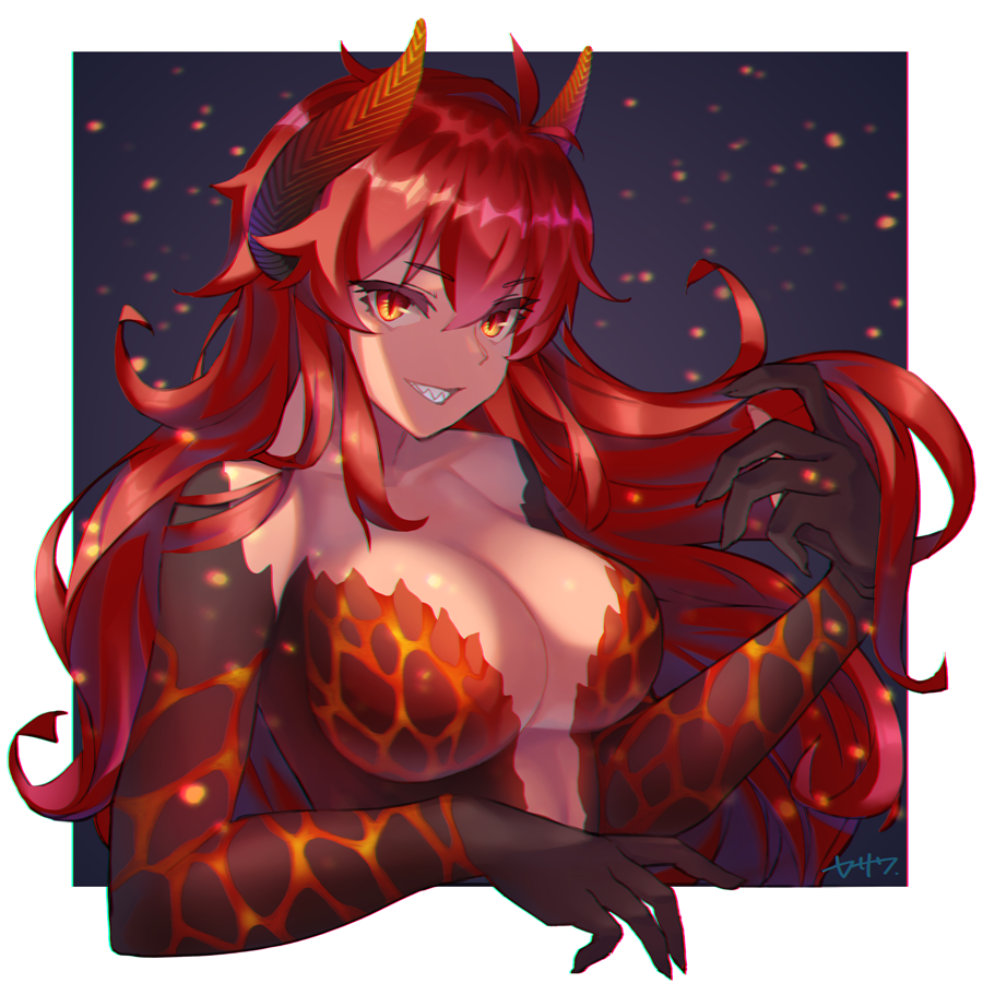 1girl, bangs, breasts, center_opening, dola_(nijisanji), dragon_girl, dragon_horns, embers