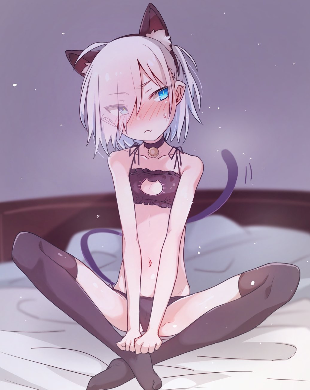 1girl, animal_ear_fluff, animal_ears, bed, bed_sheet, black_panties, blue_eyes, blush