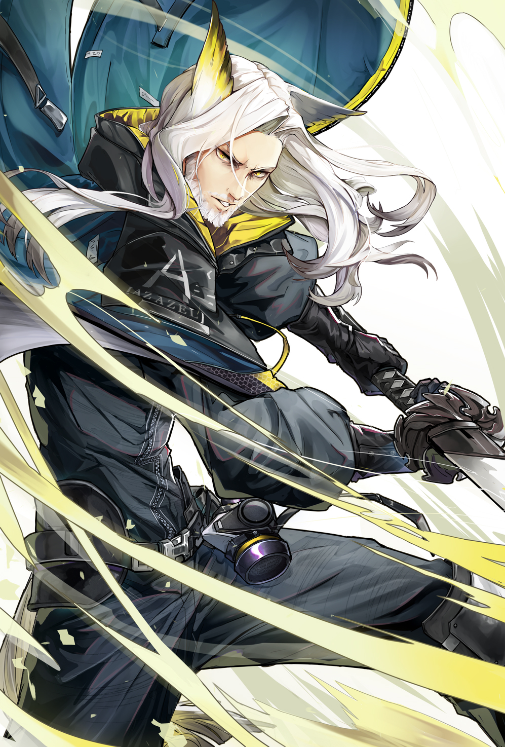 1boy, animal_ears, arknights, beard, belt, belt_buckle, black_gloves, black_pants