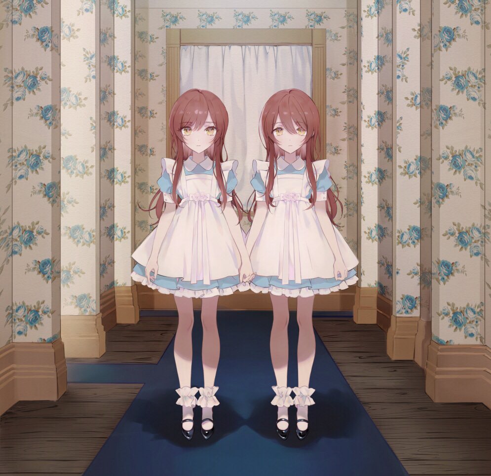 2girls, apron, black_footwear, blue_dress, brown_eyes, brown_hair, child, dress