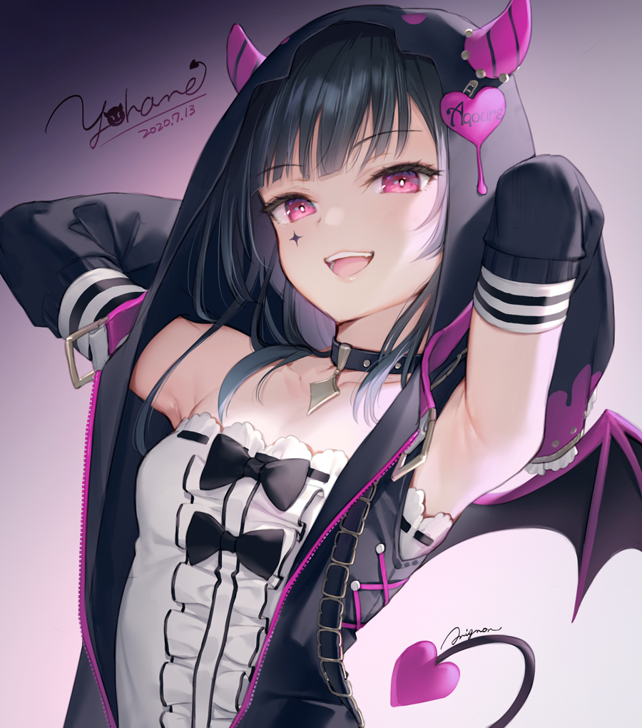 1girl, :d, armpits, arms_up, bangs, black_bow, black_choker, black_hair, black_vest, black_wings, blunt_bangs, bow, breasts, bright_pupils, center_frills, choker, collarbone, commentary_request, dared, demon_girl, demon_horns, demon_tail, demon_wings, detached_sleeves, eyebrows_visible_through_hair, eyelashes, facial_mark, frilled_shirt, frills, hood, hooded_vest, hoodie, horns, long_hair, long_sleeves, looking_at_viewer, love_live!, love_live!_sunshine!!, mignon, open_clothes, open_mouth, open_vest, purple_background, ribbon_trim, shirt, signature, small_breasts, smile, solo, tail, tsushima_yoshiko, unzipped, upper_body, upper_teeth, vest, violet_eyes, white_shirt, wings, zipper