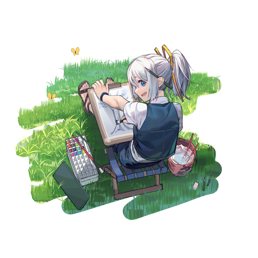 1girl, :d, blue_eyes, blue_vest, bucket, bug, butterfly, chair