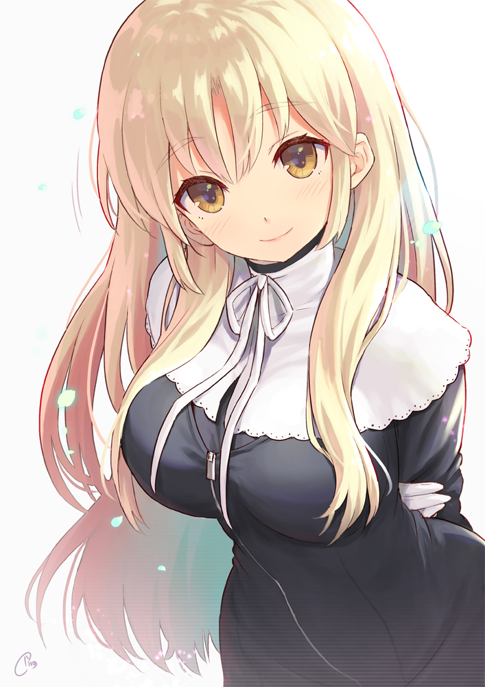 1girl, arms_behind_back, bangs, black_dress, blonde_hair, blush, breasts, brown_eyes