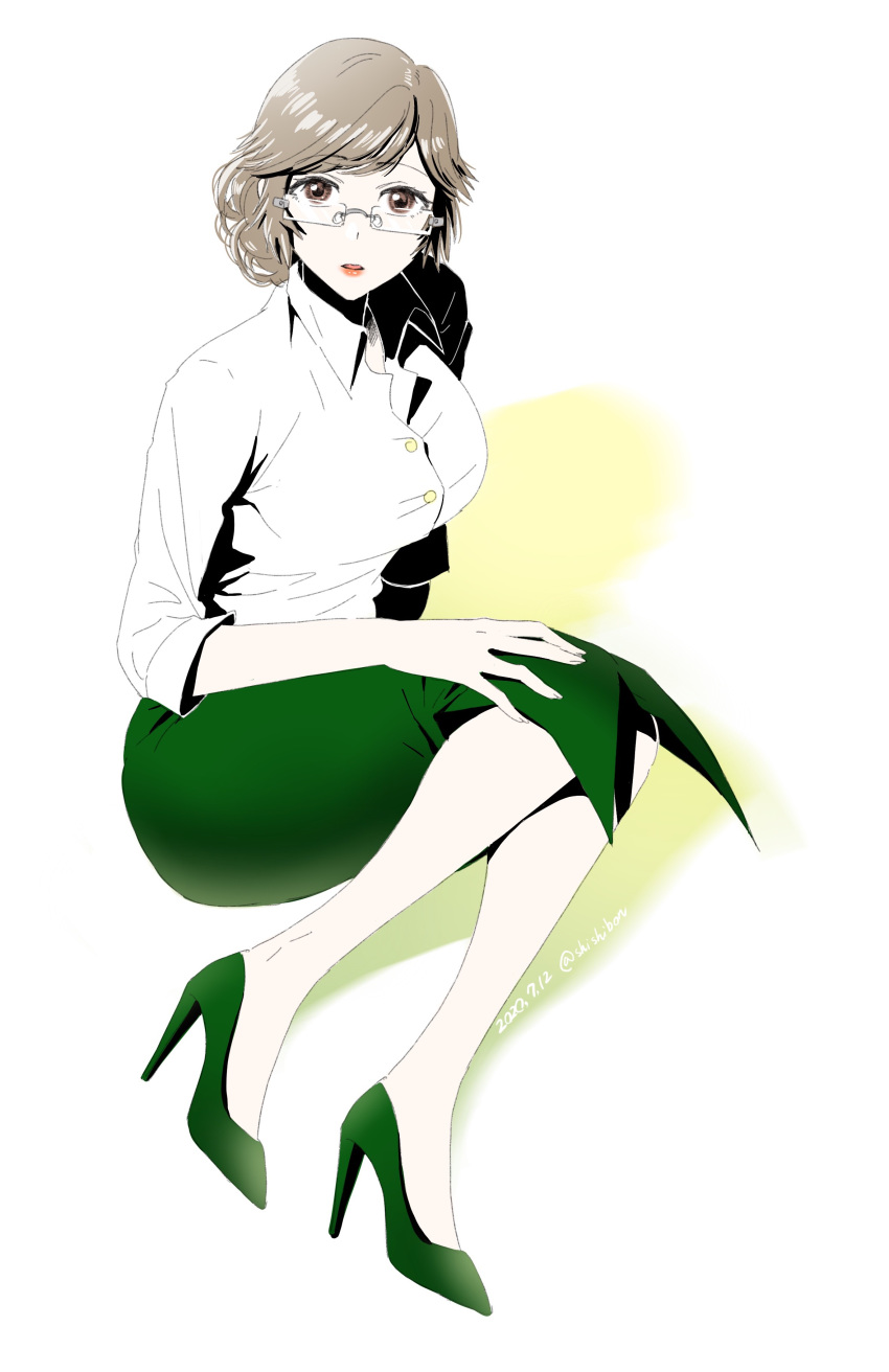 1girl, absurdres, artist_name, bonbonboon, brown_eyes, brown_hair, full_body, glasses, green_footwear, green_skirt, high_heels, highres, original, shirt, short_hair, simple_background, skirt, solo, white_background, white_shirt