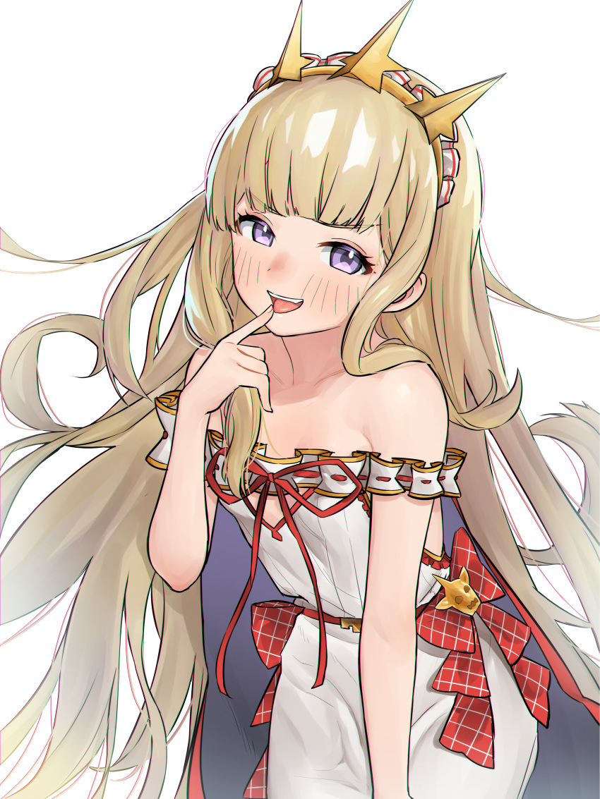1girl, absurdres, bangs, bare_shoulders, blonde_hair, blush, breasts, cagliostro_(granblue_fantasy), collarbone, dress, finger_to_chin, granblue_fantasy, highres, long_hair, looking_at_viewer, nezuko, off-shoulder_dress, off_shoulder, open_mouth, simple_background, small_breasts, smile, tiara, very_long_hair, violet_eyes, white_dress