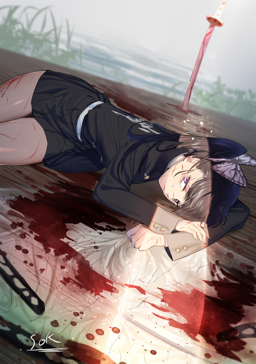 1girl, bangs, black_hair, black_skirt, blood, butterfly_hair_ornament, closed_mouth, hair_ornament, hh0617, injury, jacket, kimetsu_no_yaiba, long_hair, long_sleeves, looking_at_viewer, lying, pleated_skirt, side_ponytail, skirt, solo, sword, tears, tsuyuri_kanao, violet_eyes, weapon