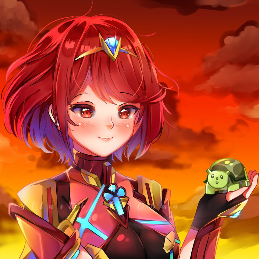 1girl, animal, arichan, bangs, blush, breasts, highres, holding, holding_animal, pyra_(xenoblade), jewelry, orange_sky, red_eyes, redhead, short_hair, sky, smile, swept_bangs, tiara, turters_(xenoblade), turtle, upper_body, watermark, xenoblade_(series), xenoblade_2