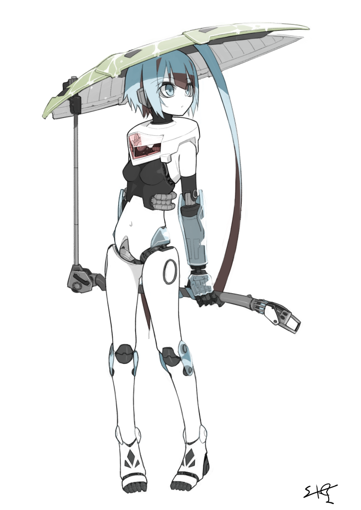 1girl, ahoge, android, barefoot, blue_eyes, blue_hair, breasts, brown_hair