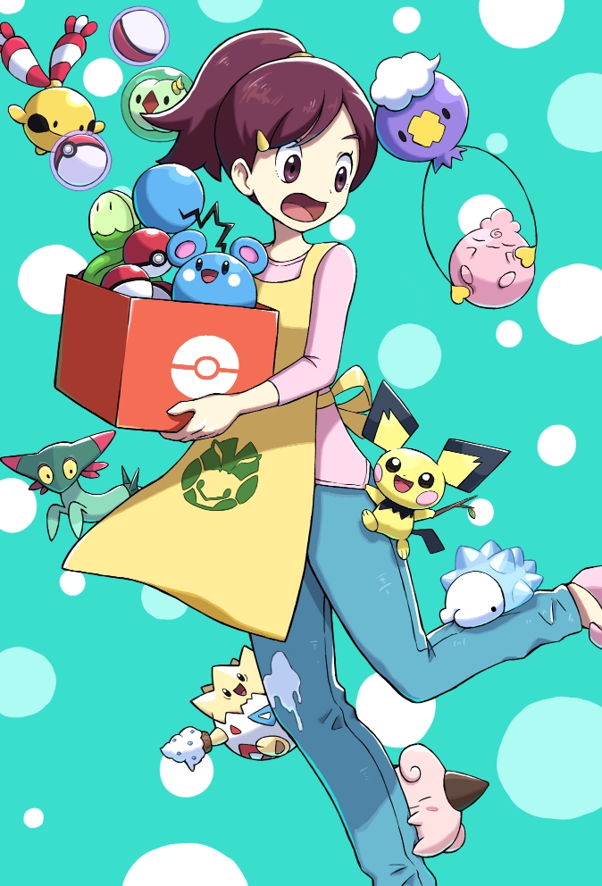 1girl, apron, azurill, bangs, blue_pants, box, brown_eyes, brown_hair, budew, casteliacone, chingling, cleffa, commentary_request, deerakakikaki, dreepy, drifloon, food_on_clothes, gen_2_pokemon, gen_3_pokemon, gen_4_pokemon, gen_5_pokemon, gen_8_pokemon, green_background, hair_ornament, hair_tie, hairclip, holding, holding_box, igglybuff, looking_back, nursery_aide_(pokemon), open_mouth, pants, pichu, pink_shirt, poke_ball, poke_ball_(basic), poke_ball_print, pokemon, pokemon_(creature), pokemon_(game), pokemon_bw, pokemon_on_leg, ponytail, shirt, snom, solosis, tied_hair, togepi, tongue, yellow_apron