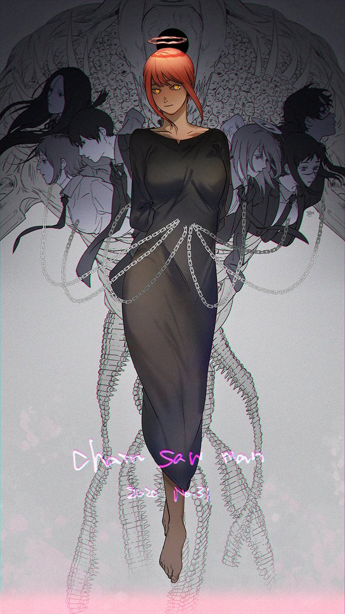3boys, 4girls, akane_sawatari_(chainsaw_man), ammunition, angel_devil_(chainsaw_man), angel_wings, bangs, barefoot, black_dress, black_hair, black_neckwear, braid, braided_ponytail, breasts, business_suit, chain, chainsaw_man, collarbone, collared_shirt, corpse, demon_boy, demon_girl, dress, expressionless, formal, giant, gun_devil_(chainsaw_man), halo, hayakawa_aki_(chainsaw_man), highres, long_hair, looking_at_viewer, makima_(chainsaw_man), medium_breasts, monochrome, monster, multiple_boys, multiple_girls, necktie, ohisama33ohayo3, prinz_(chainsaw_man), ringed_eyes, shirt, short_hair, suit, thick_thighs, thighs, very_long_hair, wing_collar, wings