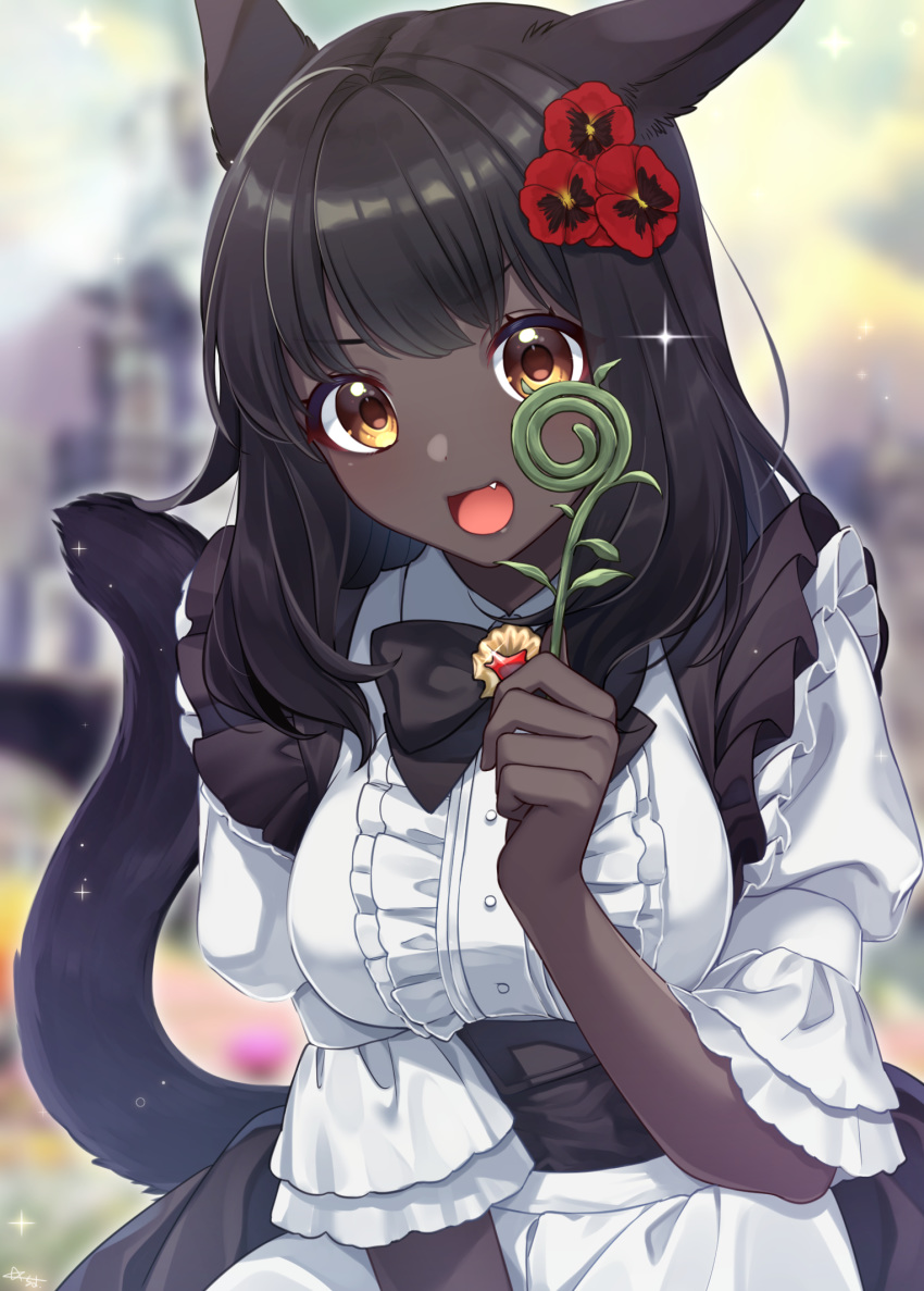 1girl, animal_ears, apron, black_hair, black_skin, bow, bowtie, brown_eyes, cat_ears, cat_tail, dark_skin, fang, final_fantasy, final_fantasy_xiv, flower, hair_flower, hair_ornament, hand_up, happy, highres, miqo'te, open_mouth, original, puffy_sleeves, sakura_chiyo_(konachi000), signature, skirt, smile, solo, sparkle, t-back, tail, waist_apron