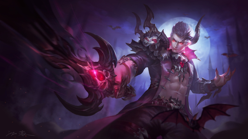 1boy, absurdres, animal, armor, bare_chest, bat, castle, coat