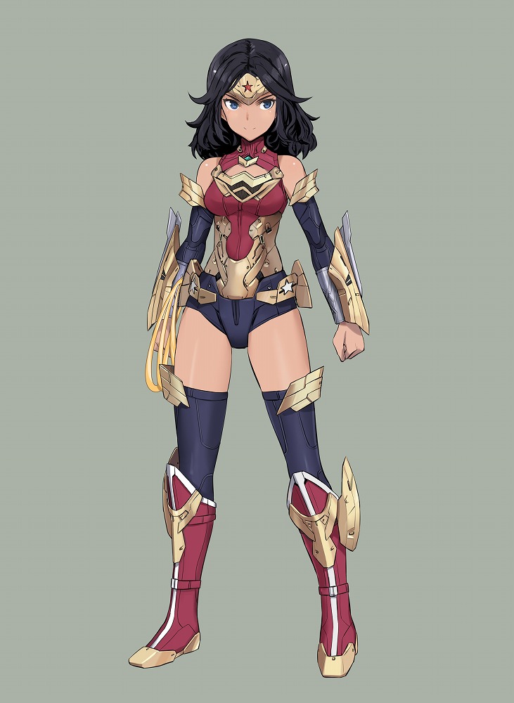 1girl, black_hair, boots, bracer, dc_comics, detached_sleeves, full_body, kotobukiya_bishoujo