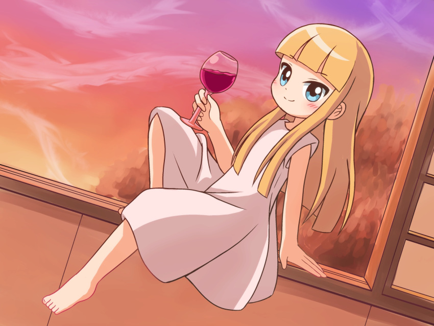 1girl, akino_miyo, alcohol, bangs, barefoot, blonde_hair, blue_eyes, blunt_bangs, blush, commentary_request, cup, dress, drinking_glass, dusk, feet, gradient_sky, highres, holding, holding_cup, kato-shun, long_hair, looking_at_viewer, sitting, sky, sleeveless, sleeveless_dress, smile, solo, sunset, toes, wakaokami_wa_shougakusei, white_dress, wine, wine_glass