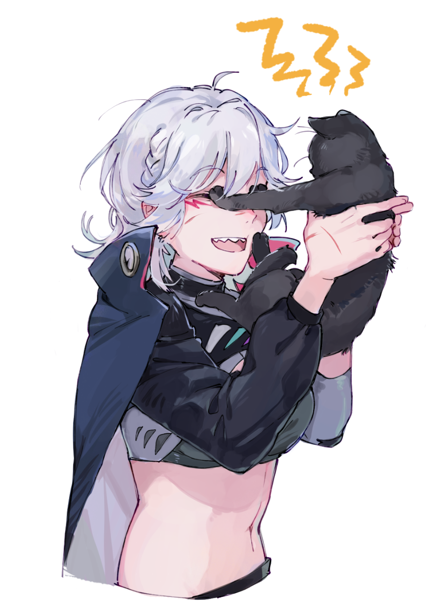 1girl, 1other, abs, black_cat, cat, closed_eyes, girls_frontline, happy