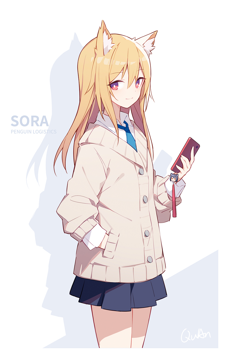 animal_ear_fluff, animal_ears, arknights, bare_thighs, blonde_hair, cellphone, eyebrows, eyebrows_visible_through_hair