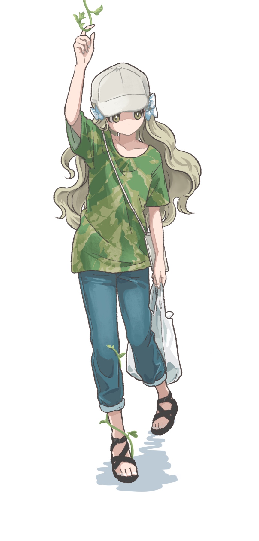 1girl, arm_up, bag, baseball_cap, blonde_hair, bow, camouflage_shirt, collarbone