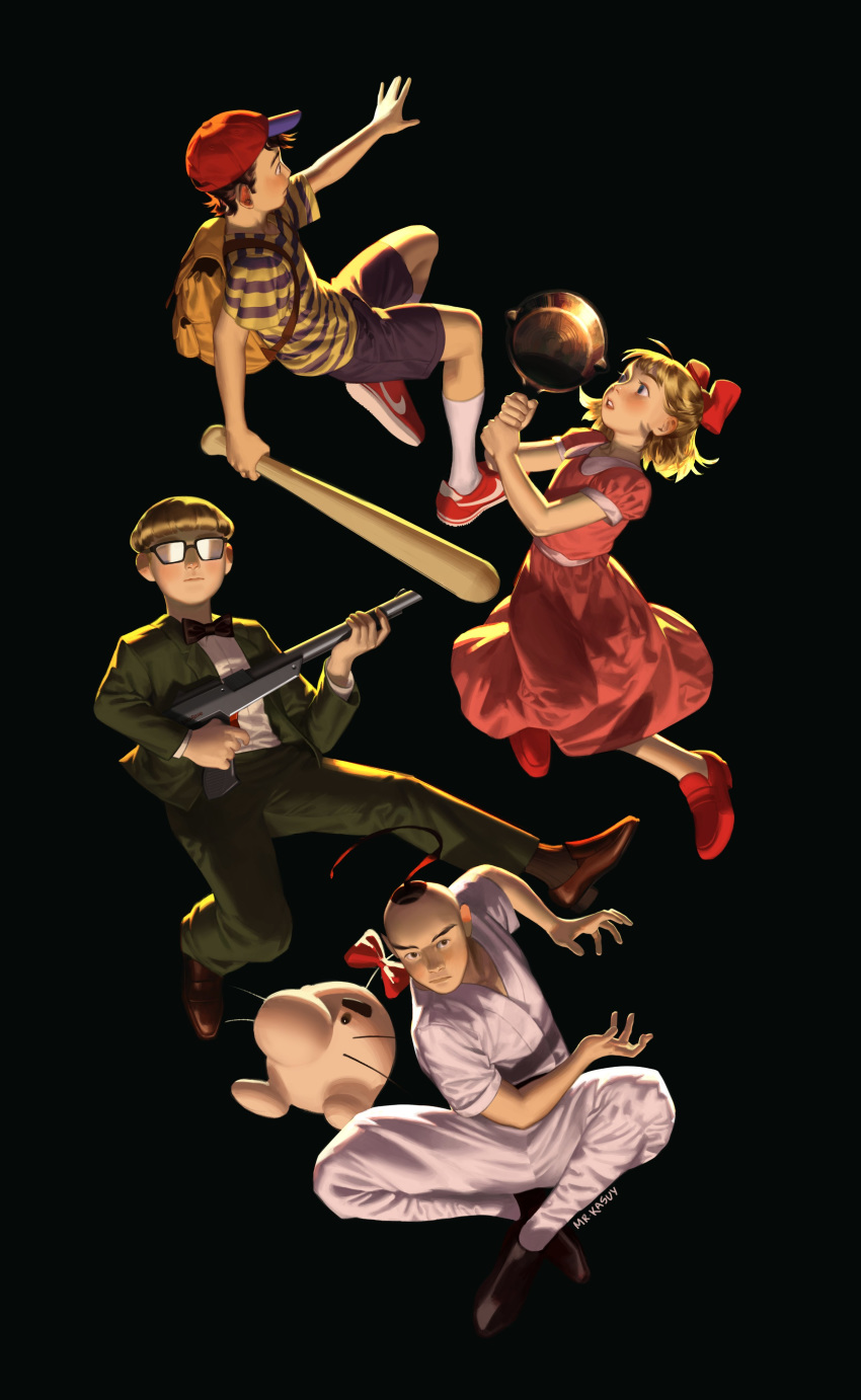 1girl, 1other, 3boys, absurdres, baseball_bat, baseball_cap, black_background, black_hair