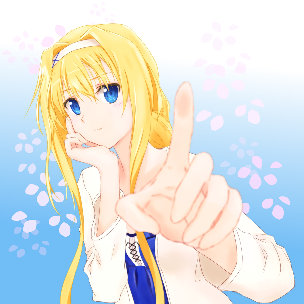 1girl, alice_schuberg, bangs, blonde_hair, blue_background, blue_eyes, blurry_foreground, gradient, gradient_background, hair_between_eyes, hair_intakes, hairband, head_rest, long_hair, long_sleeves, no-ppo, parted_lips, shirt, sidelocks, solo, sword_art_online, upper_body, very_long_hair, white_background, white_hairband, white_shirt