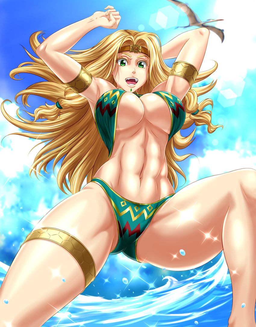 1girl, abs, absurdres, armlet, bikini, blonde_hair, blue_sky, breasts