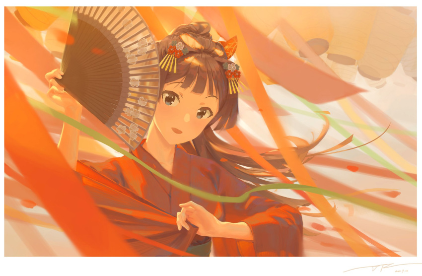 1girl, bangs, blunt_bangs, chimes, collarbone, eyebrows_behind_hair, fan, fan_dancing