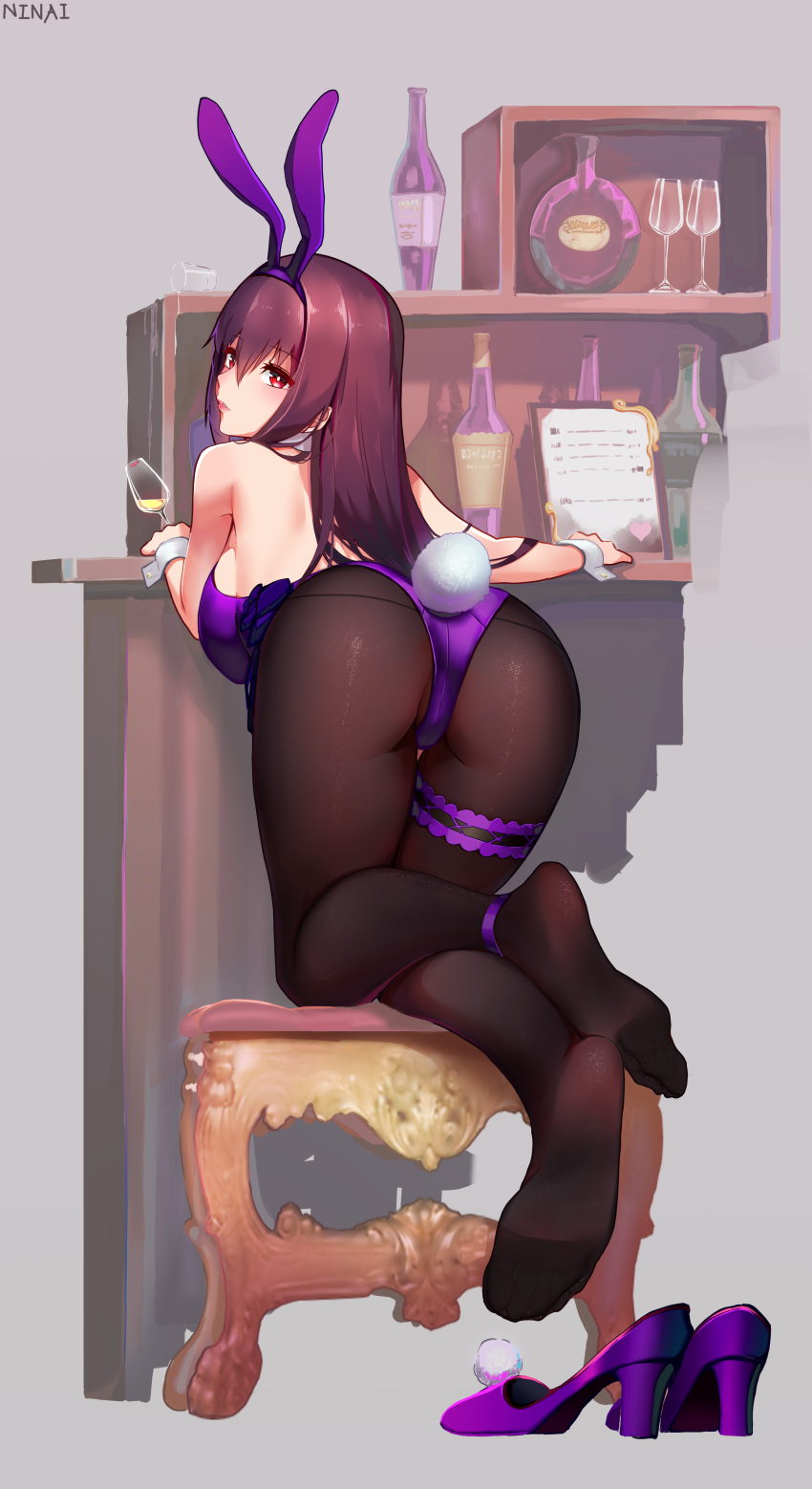 1girl, absurdres, alcohol, animal_ears, ass, bare_back, black_legwear, bunny_girl