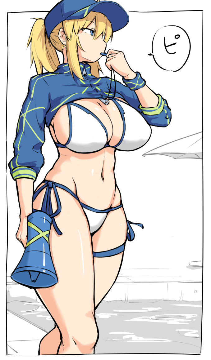 1girl, artoria_pendragon_(all), baseball_cap, bikini, blonde_hair, blue_headwear, breasts, commentary_request